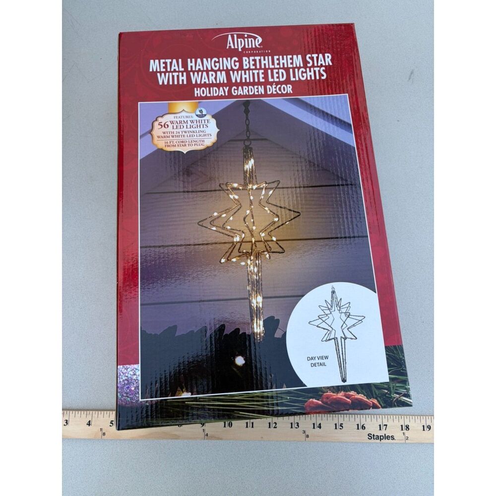 Alpine Metal Hanging Bethlehem star with warm led lights 11x11x18"